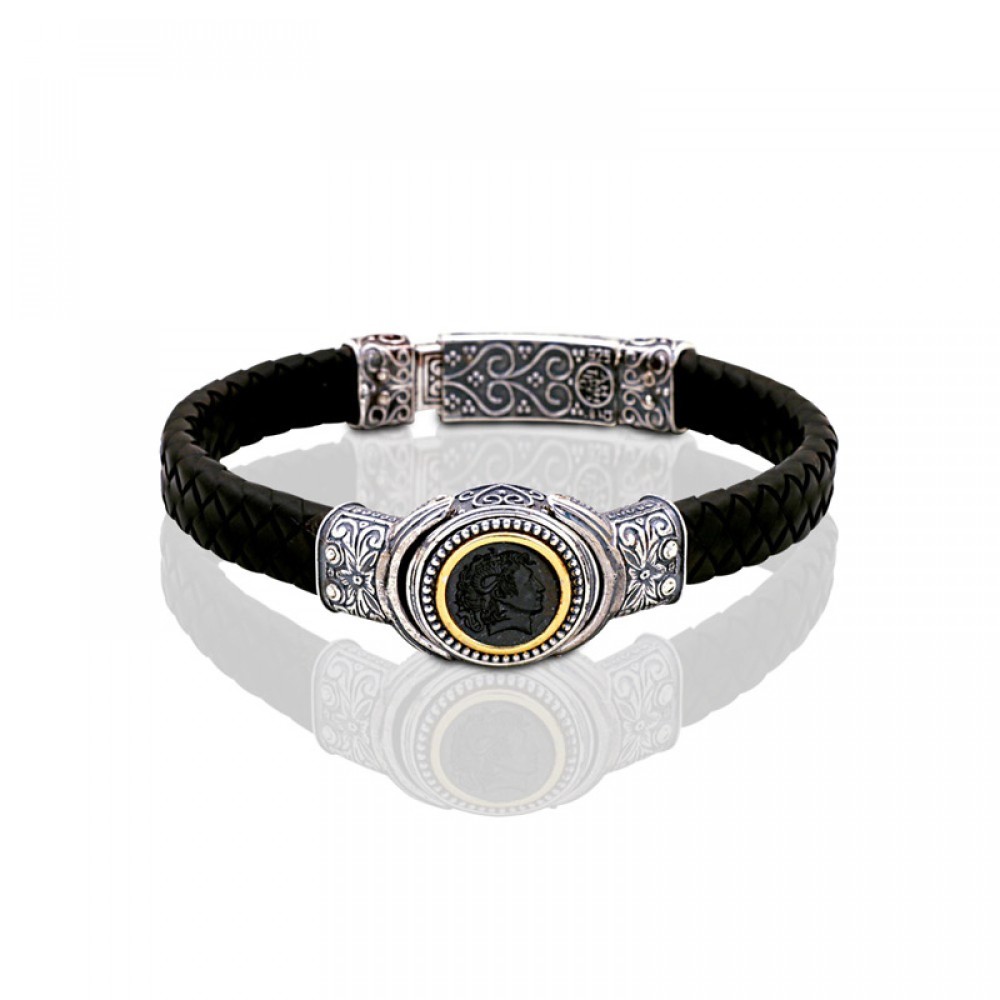 Ασημένιο Δερμάτινο Βραχιόλι με Κεντρικό Μπρούντζινο Έμβλημα