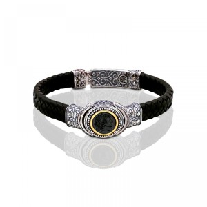 Ασημένιο Δερμάτινο Βραχιόλι με Κεντρικό Μπρούντζινο Έμβλημα