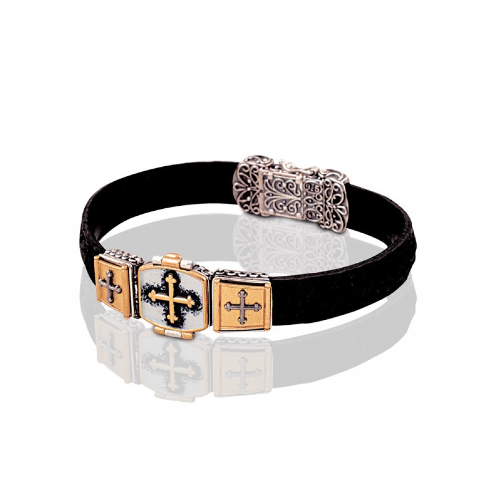 Ασημένιο Δερμάτινο Βραχιόλι με Εγχάρακτο Άγιο Σπυρίδωνα