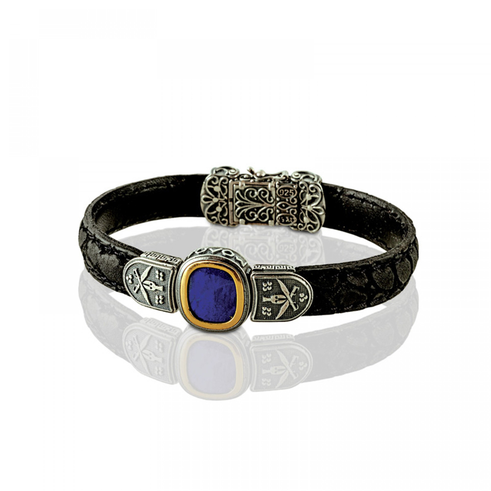 Ασημένιο Δερμάτινο Βραχιόλι με Λάπις Λαζούλι