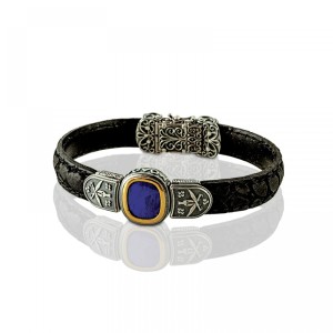 Ασημένιο Δερμάτινο Βραχιόλι με Λάπις Λαζούλι