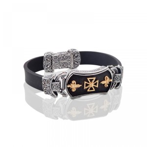 Ασημένιο Βραχιόλι με Ορειχάλκινο Έμβλημα και Επιχρυσωμένους Σταυρούς από τον Dimitrios Exclusive