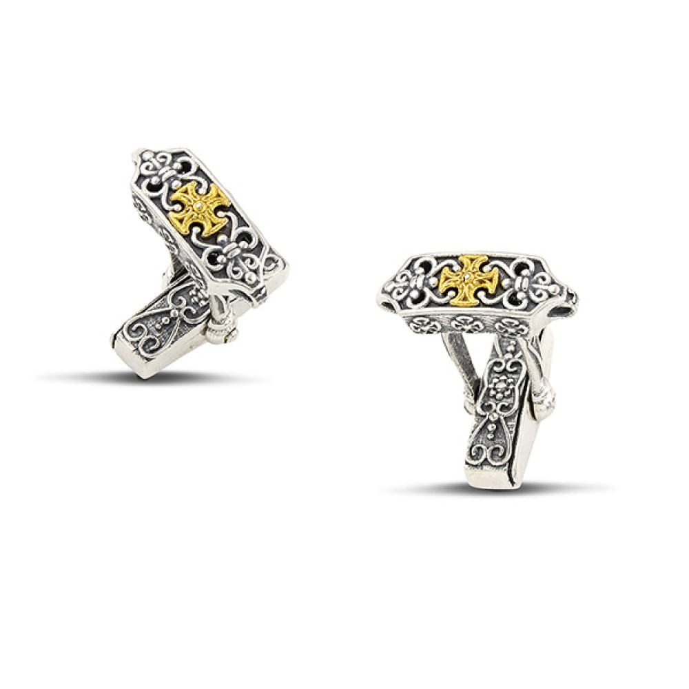 Ορθογώνια Ασημένια Μανικετόκουμπα με Μαλτέζικο Σταυρό και Σκαλιστές Λεπτομέρειες