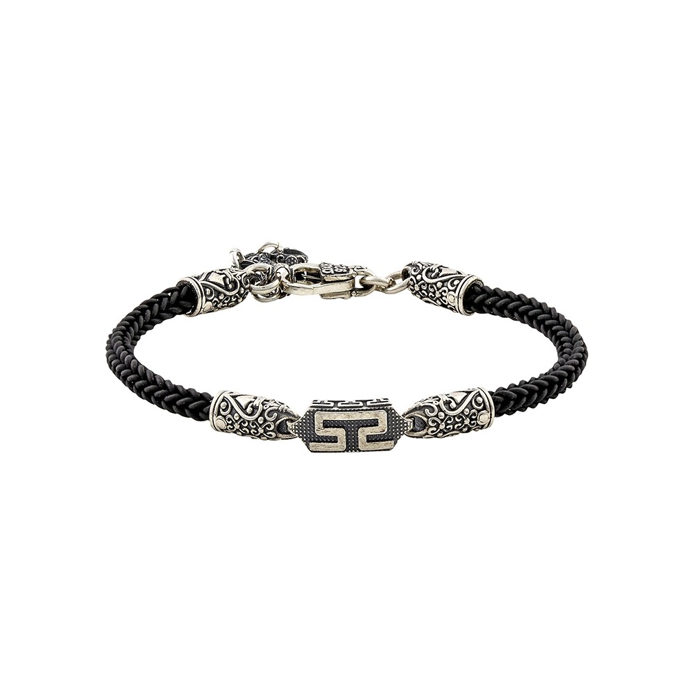 Ασημένιο Βραχιόλι Meander με Πλεκτό Λαστιχένιο Κορδόνι