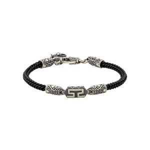 Ασημένιο Βραχιόλι Meander με Πλεκτό Λαστιχένιο Κορδόνι