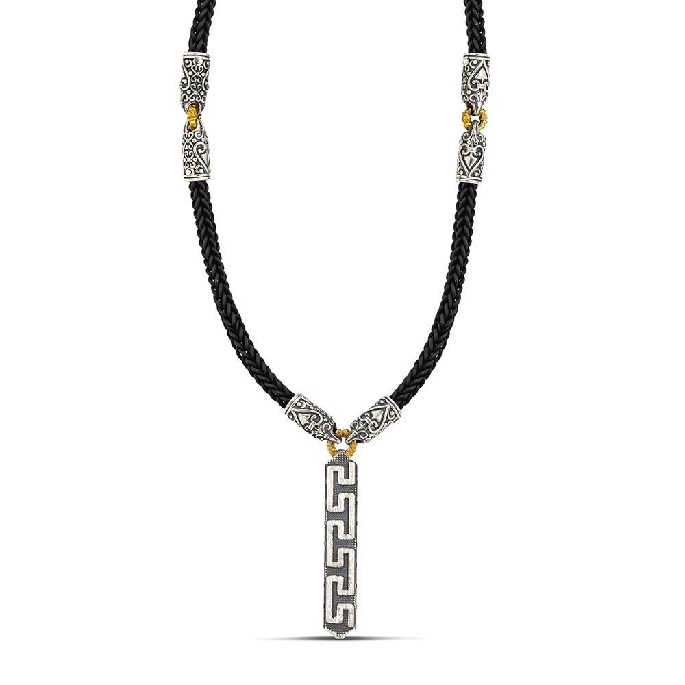 Ασημένιο Μενταγιόν Meander με Πλεκτό Λαστιχένιο Κορδόνι