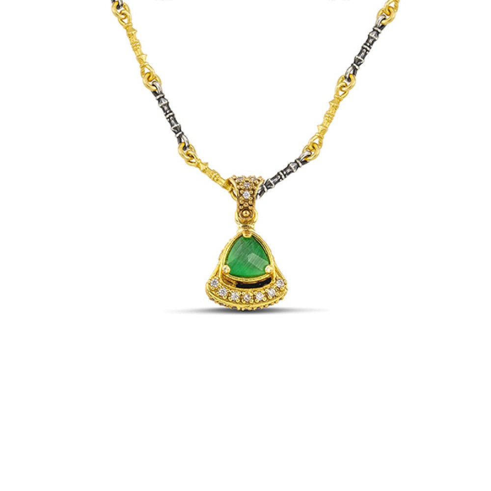 Τριγωνικό Cat Eye Μενταγιόν με Δίχρωμη Αλυσίδα