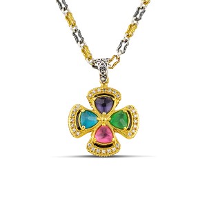 Μενταγιόν Με Τέσσερις Πολύχρωμες Πέτρες Cat Eye και Διχρωμή Αλυσίδα από τον Dimitrios Exclusive