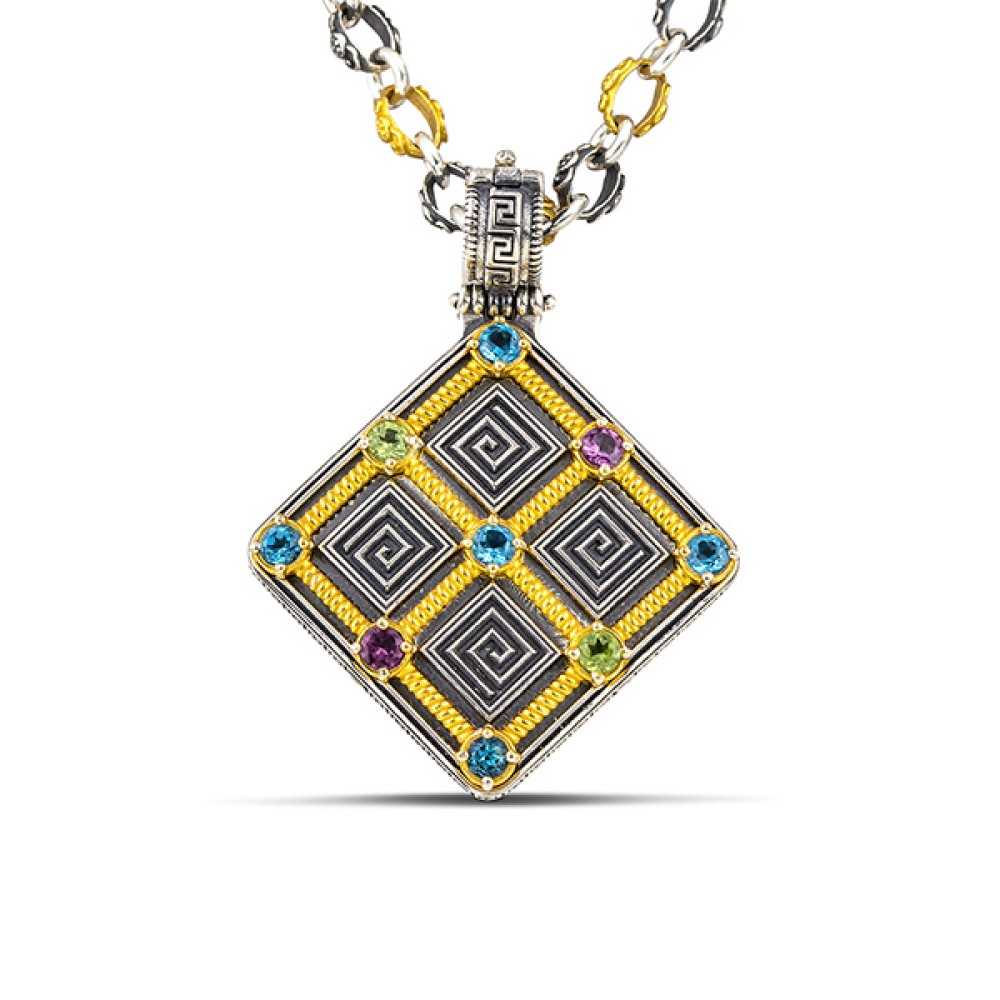 Μενταγιόν με Μαιάνδρους ,Ημιπολύτιμους Λίθους και Δίχρωμη Αλυσίδα