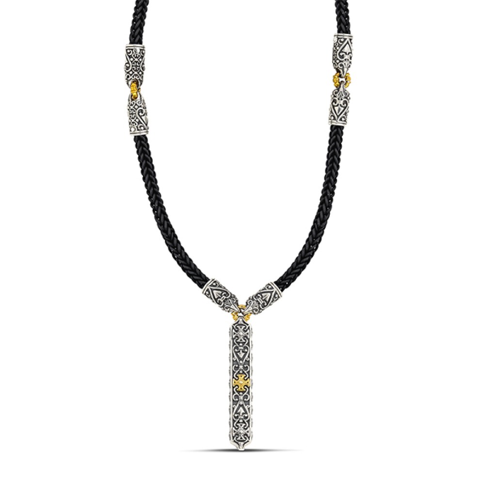 Ορθογώνιο Μενταγιόν με Μαλτέζικους Σταυρούς , Πλεγμένο Καουτσούκ Κορδόνι και Ασημένια Διακοσμητικά Στοιχεία