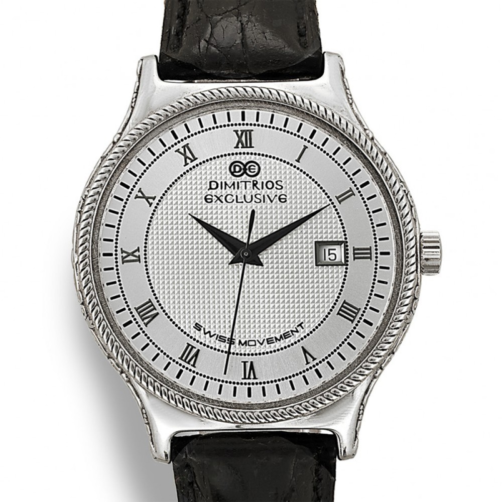 Ασημένιο ρολόι με μαύρο δερμάτινο λουρί