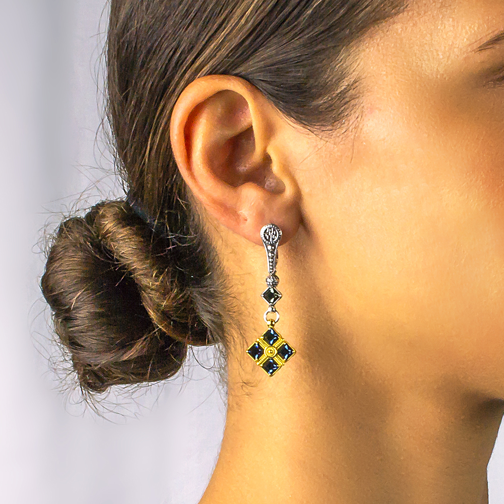 Ρομβοειδή Σκουλαρίκια με Μπλε Κρύσταλλα Swarovski